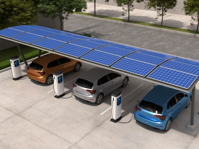 Electric vehicles charging under a steel canopy structure with solar panels
